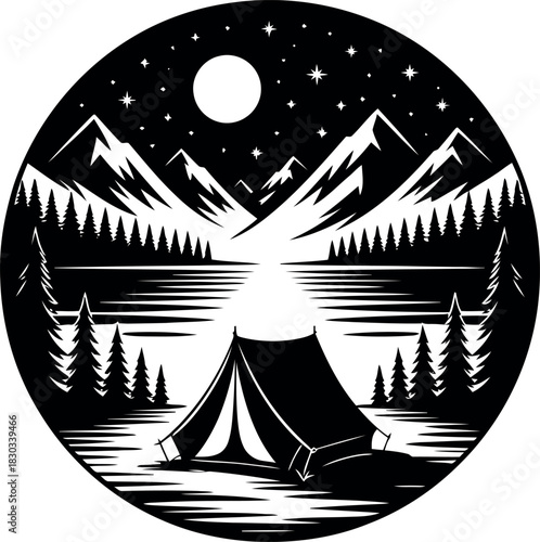 Black and white circular graphic of a tent by a lake with mountains and stars camping