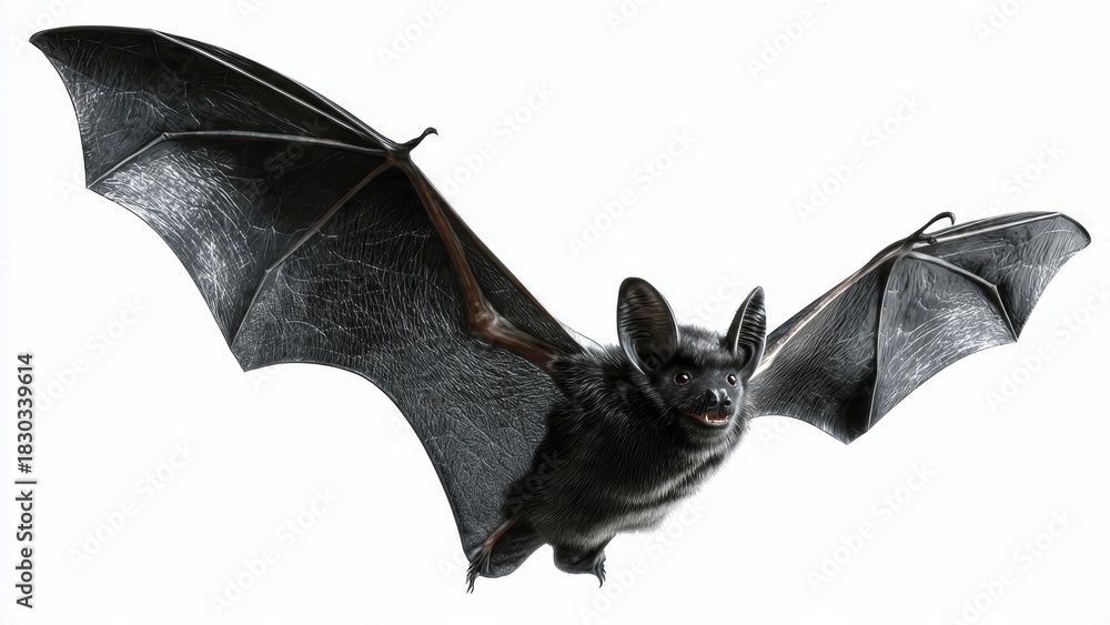 Obraz premium Close-up of a black bat in flight, showcasing its detailed fur, large ears, and leathery wings against a white background, illustration
