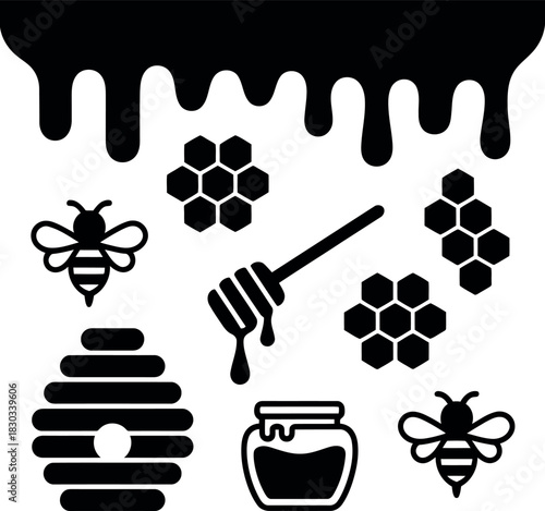 Black bee honeycomb honey jar and dripping liquid icons vector