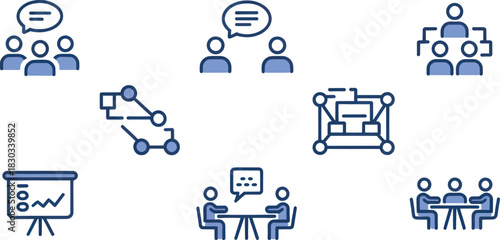 Blue Outline Business and HR Icon Set  Teamwork, Meetings, Communication, Org Chart & Workflow vector.