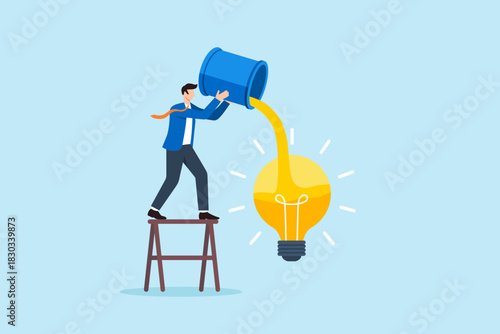 Flat illustration of businessman pouring creativity liquid into bright large light bulb for innovation boost