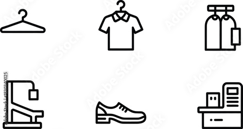 Retail & Fashion Line Icons Set – Hanger, Shirt, Garment Rack, Shoe Display, POS Cash Register | Outline Vector.