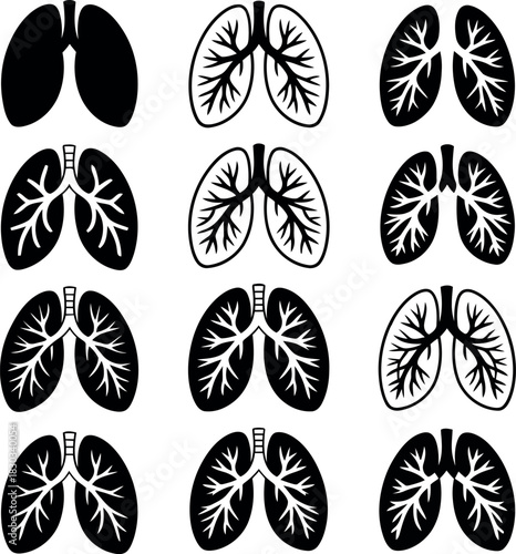 Twelve Black and White Lungs Icons and Illustrations human lungs respiratory system