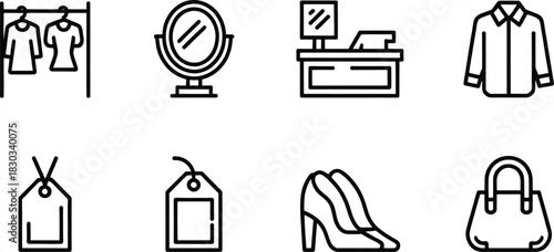 Clothing Store Line Icons – POS, Price Tags, Heels, Handbag & Shirt | Vector Outline.