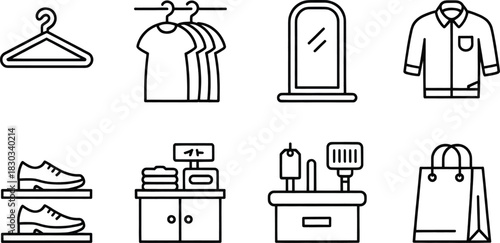 Retail & Clothing Store Line Icons — Hanger, Apparel Rack, Mirror, POS, Shoes & Shopping Bag Vector Set.