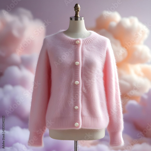 Baby pink Korean cardigan with round neck, cute buttons, soft fluffy texture.