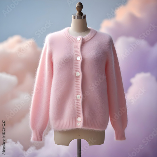 Baby pink Korean cardigan with round neck, cute buttons, soft fluffy texture.