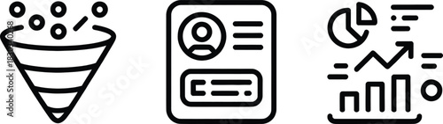 Marketing Funnel, Resume Profile, and Analytics Icons — Minimal Line Vector Set.