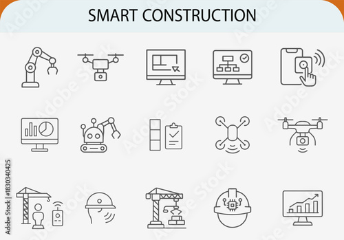 smart construction industry line icon set, modern building automation vector