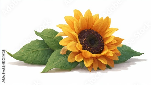 Wallpaper Mural Vibrant Sunflower with Green Leaves Isolated on White Background, Close-Up Botanical Illustration Torontodigital.ca