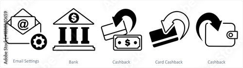 A set of 5 business icon as email settings, bank, cashback