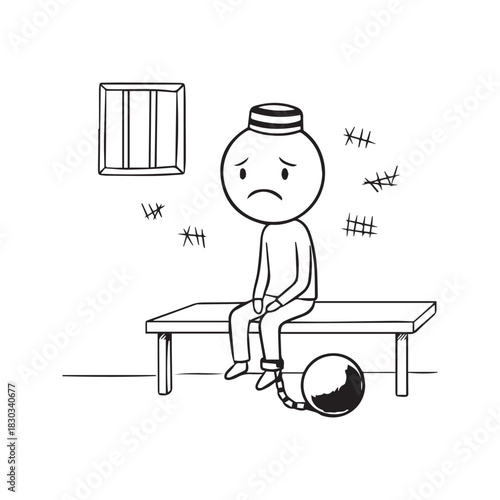 Stickman Prisoner Sitting in Jail Cell with Ball and Chain and Tally Marks on Wall Sketch Vector Illustration
