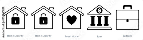 A set of 5 business icon as home security, sweet home, bank