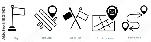A set of 5 business icon as flag, road map, cross flag