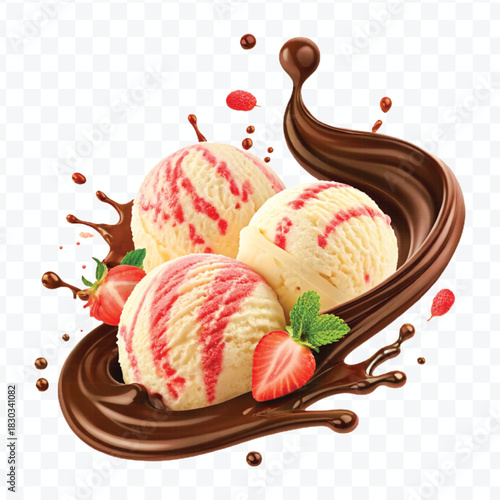 realistic swirling creamy vanilla and strawberry ice cream scoops with chocolate splash in different style isolated on transparent background