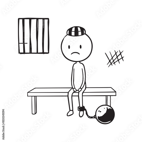 Stickman Prisoner Sitting in Jail Cell with Ball and Chain and Tally Marks on Wall Sketch Vector Illustration
