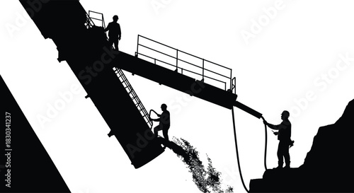 Industrial workers handling heavy machinery for material discharge on elevated structure, construction site operation with safety equipment and teamwork coordination
