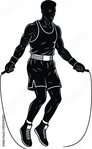 Jump rope athlete training outdoors, fitness workout exercise, muscular man doing cardio training, active lifestyle, health motivation, black silhouette illustration