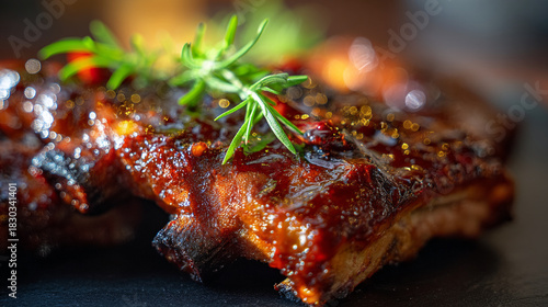 Close up of glazed ribs with rosemary garnish on a dark plate ready to be served and eaten