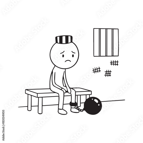 Stickman Prisoner Sitting in Jail Cell with Ball and Chain and Tally Marks on Wall Sketch Vector Illustration
