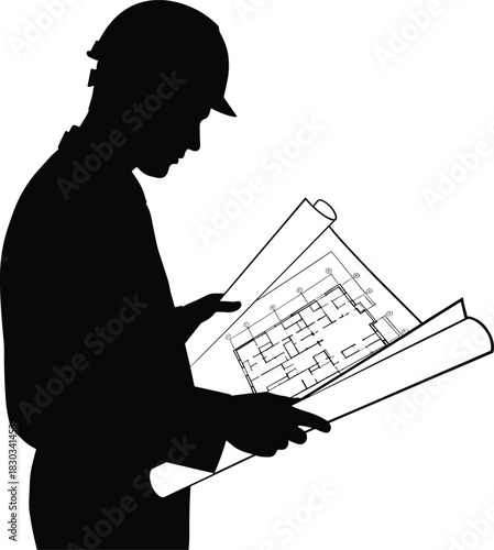 Silhouette construction engineer reviewing blueprint plans, architecture professional examining technical drawings, industrial worker planning structure design, engineering concept illustration