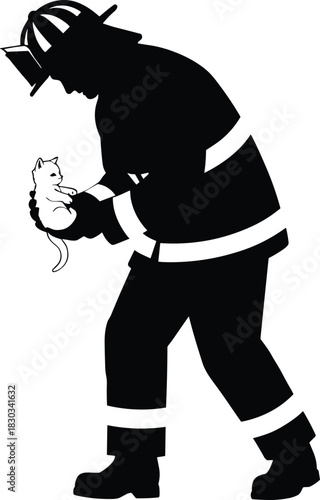 Silhouette firefighter gently rescuing small kitten, heartwarming emergency response, compassion, safety, bravery, animal rescue scene for community support artwork.