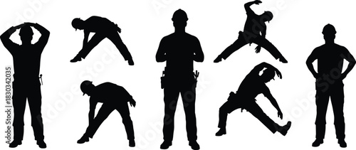 Silhouette of construction workers doing stretching exercises, workplace safety warm-up routine, physical fitness, injury prevention, health and safety training illustration