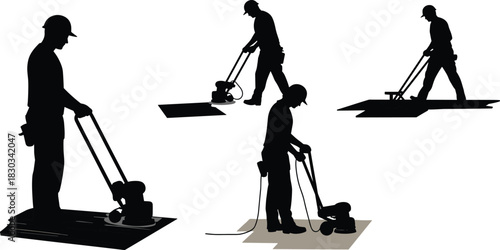 Silhouette of construction workers using floor grinder machine, polishing and smoothing concrete surface, industrial flooring maintenance and renovation illustration