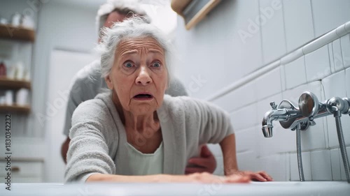 Man helping woman get up after falling at home. Senior male assisting elderly female after accident indoors. Mature husband supporting wife after fall.