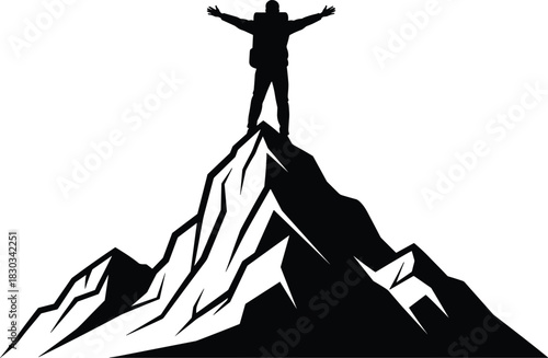 Silhouette of hiker standing on mountain peak with raised arms, symbolizing success, achievement, victory, freedom, adventure and personal growth