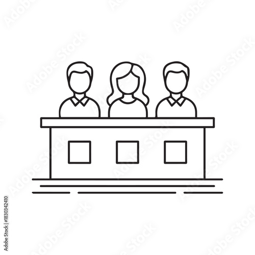 Jury Panel Icon Vector Illustration of Three Jurors in Courtroom Line Art Design Isolated on White Background

