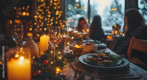 Festive Christmas Dinner Table Setting with Twinkling Lights Image
