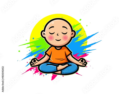 Meditating child in lotus position with closed eyes and peaceful expression.