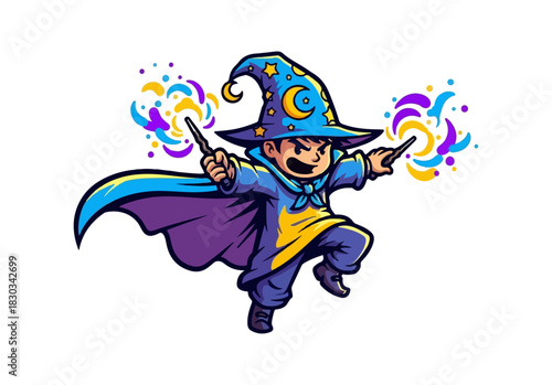 Cartoon wizard boy with magic wands and colorful sparkles.