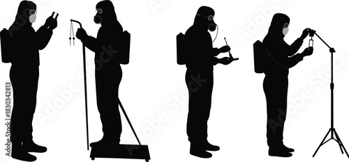 Silhouette of scientists in protective suits and gas masks conducting chemical experiments, laboratory research and environmental testing, biosafety science concept illustration