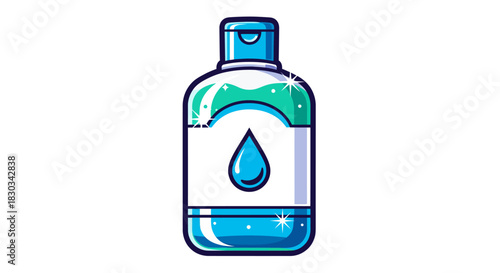 Illustration of a blue hand sanitizer bottle with a white label and a blue cap.