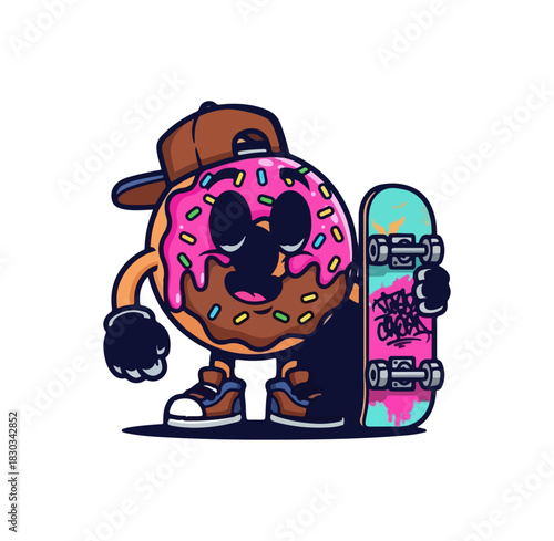 Cool Donut Character with Skateboard and Baseball Cap Cartoon Illustration.