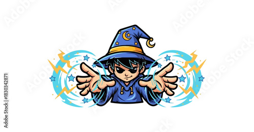 Young wizard with a blue hat and sunglasses casting magic spells.