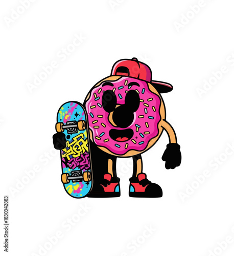 Cartoon donut character with skateboard and cap in vibrant colors.