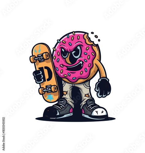 Donut character with skateboard wearing pants and shoes with angry face.