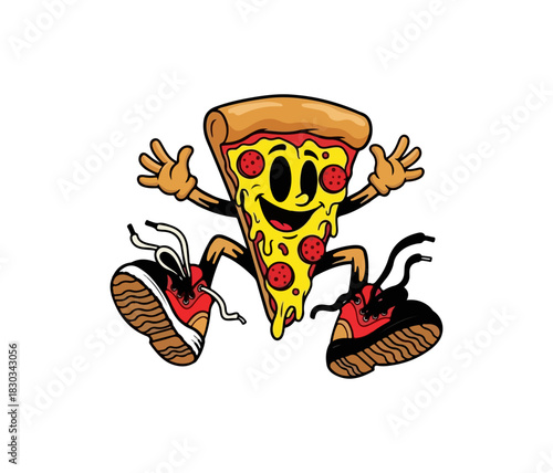 Cartoon Pizza Slice Character with Shoes and Arms.