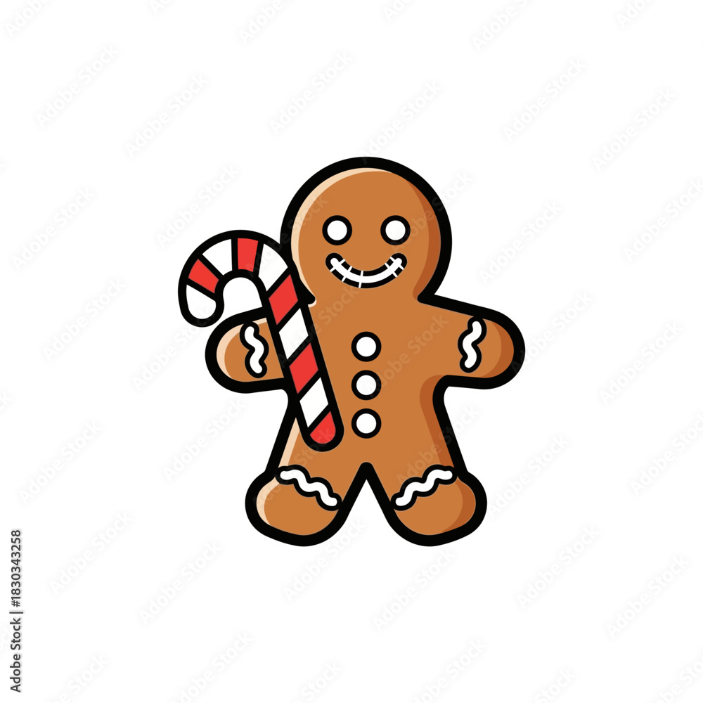 Obraz premium Gingerbread man holding candy cane smiling happily for Christmas.