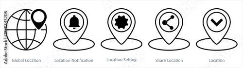 A set of 5 business icons as global location, location notification, location setting