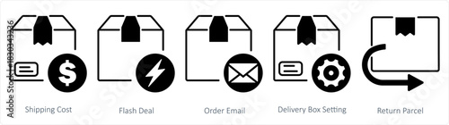 A set of 5 business icons as shipping cost, flash deal, order email