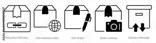 A set of 5 business icons as education delivery, internation order, edit order