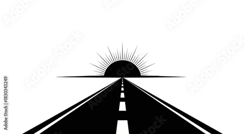 A black and white illustration of a road leading to the horizon with a sun rising.