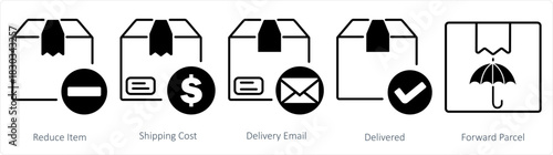 A set of 5 business icons as reduce item, shipping cost, delivery email