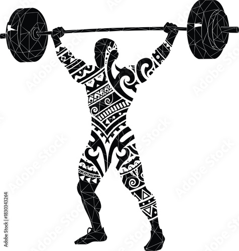 Silhouette of tribal patterned weightlifter lifting heavy barbell overhead, symbolizing strength, power, fitness discipline, athletic performance, and bold decorative body art design