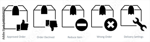 A set of 5 business icons as approved order, order declined, reduce item