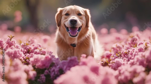 A joyful golden retriever plays and runs freely among vibrant pink flowers. The sunlight enhances the cheerful atmosphere of this springtime adventure, showcasing pure happiness.